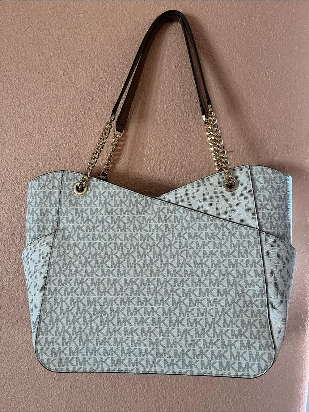 Michael Kors White and Brown MK Logo Tote with Gold Hardware